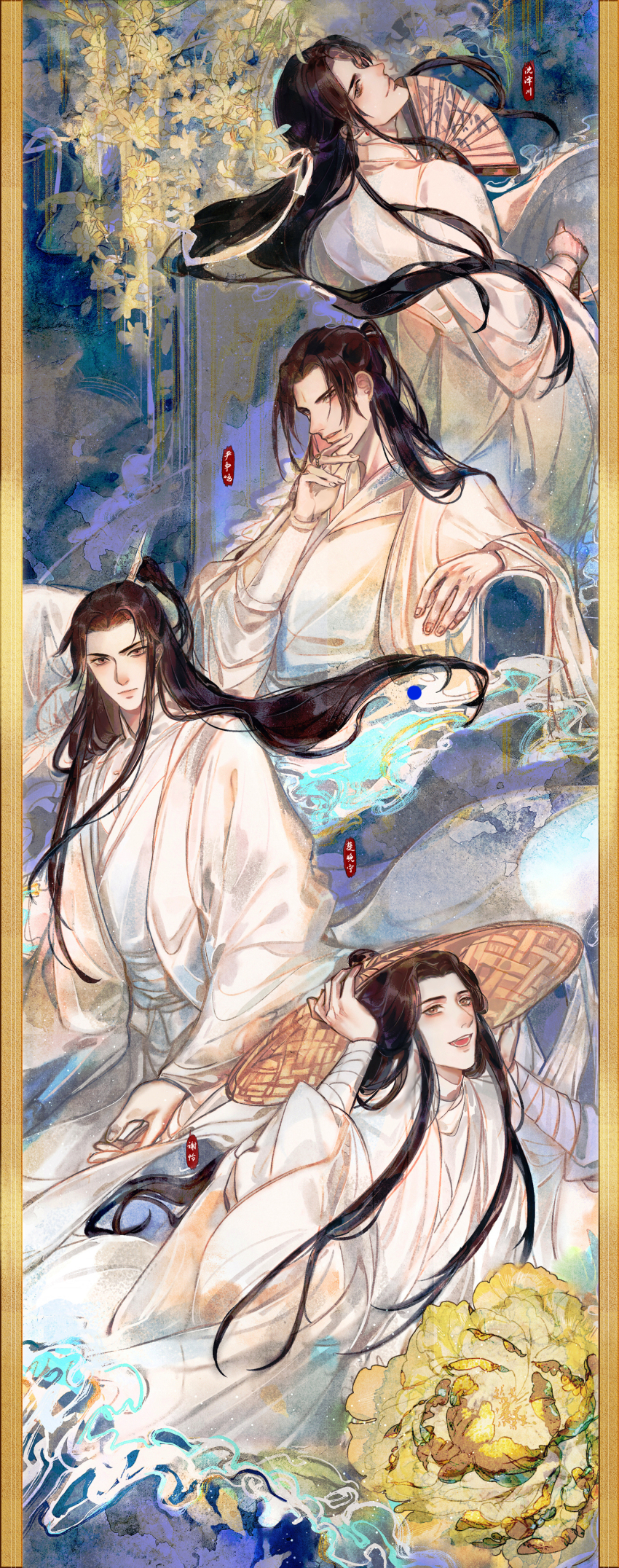 4boys, absurdres, arm_rest, baku-jo_yado, bandaged_arm, bandages, border, brown_eyes