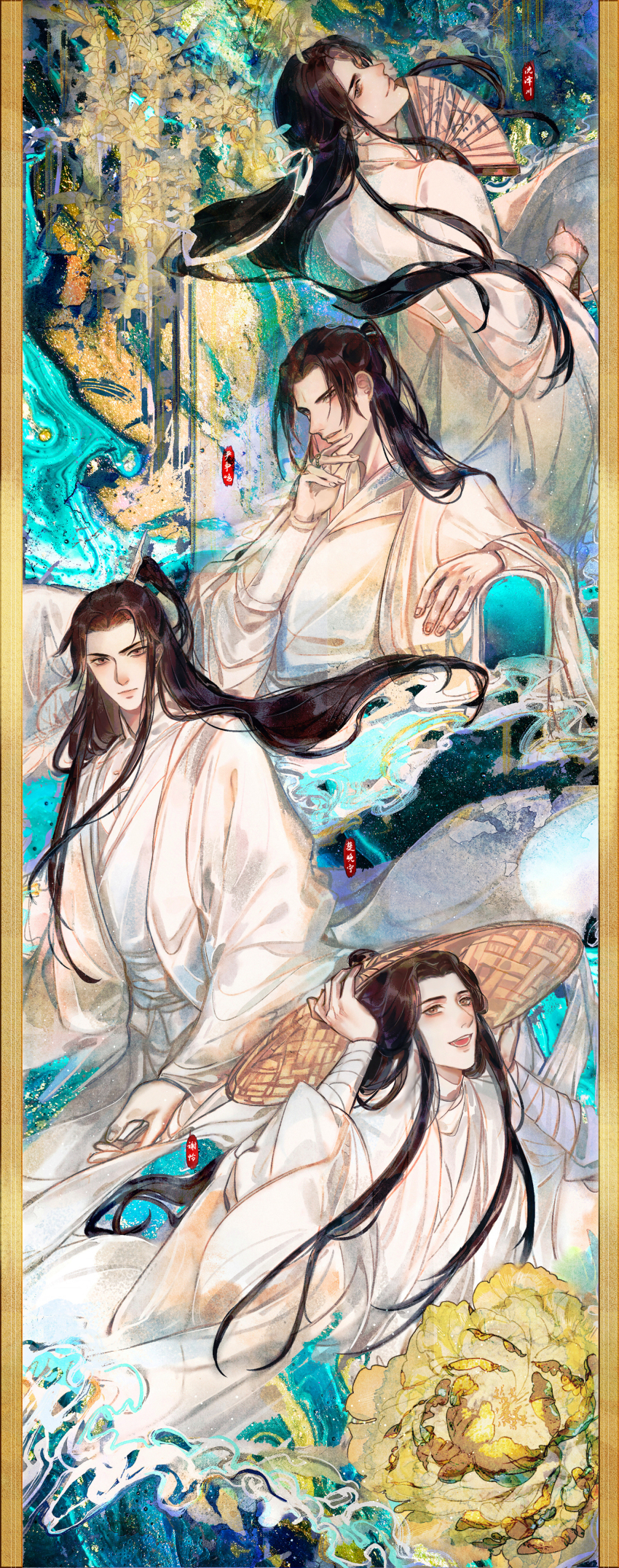 4boys, absurdres, arm_rest, baku-jo_yado, bandaged_arm, bandages, border, brown_eyes