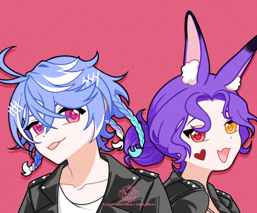 1boy, 1girl, :d, :p, adam's_apple, alternate_costume, alternate_hairstyle, animal_ear_fluff