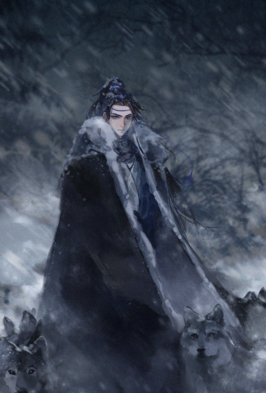 1boy, baku-jo_yado, black_cloak, black_hair, blue_hanfu, blue_headband, braid, chinese_clothes