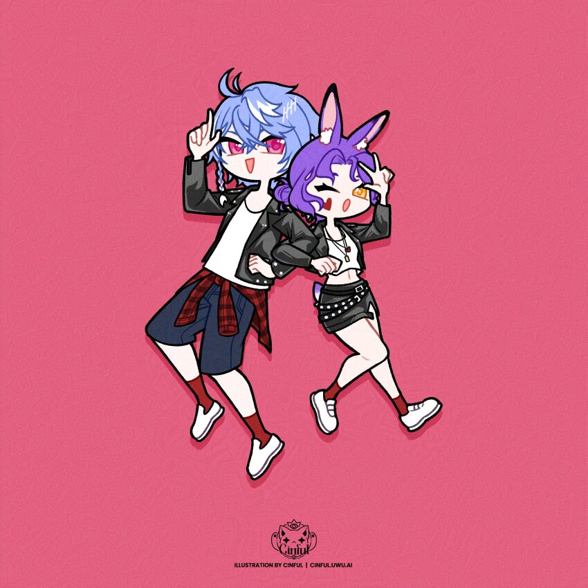 1boy, 1girl, :d, ;o, absurdres, alternate_costume, alternate_hairstyle, animal_ear_fluff