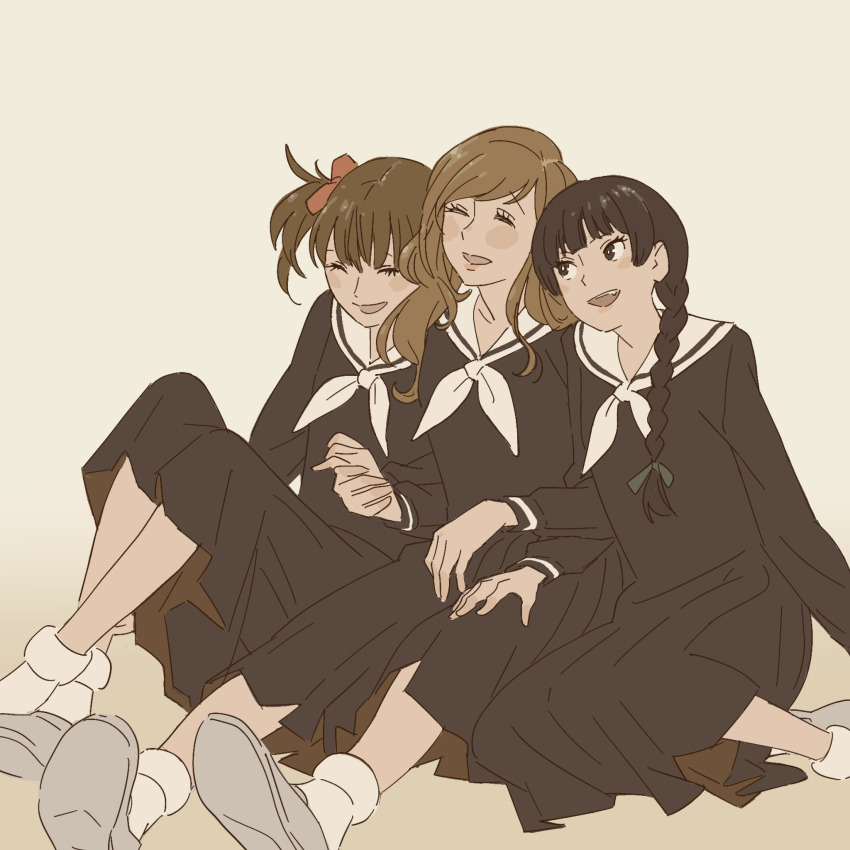 3girls, 55bata6rou, black_hair, black_serafuku, black_shirt, black_skirt, braid, brown_hair