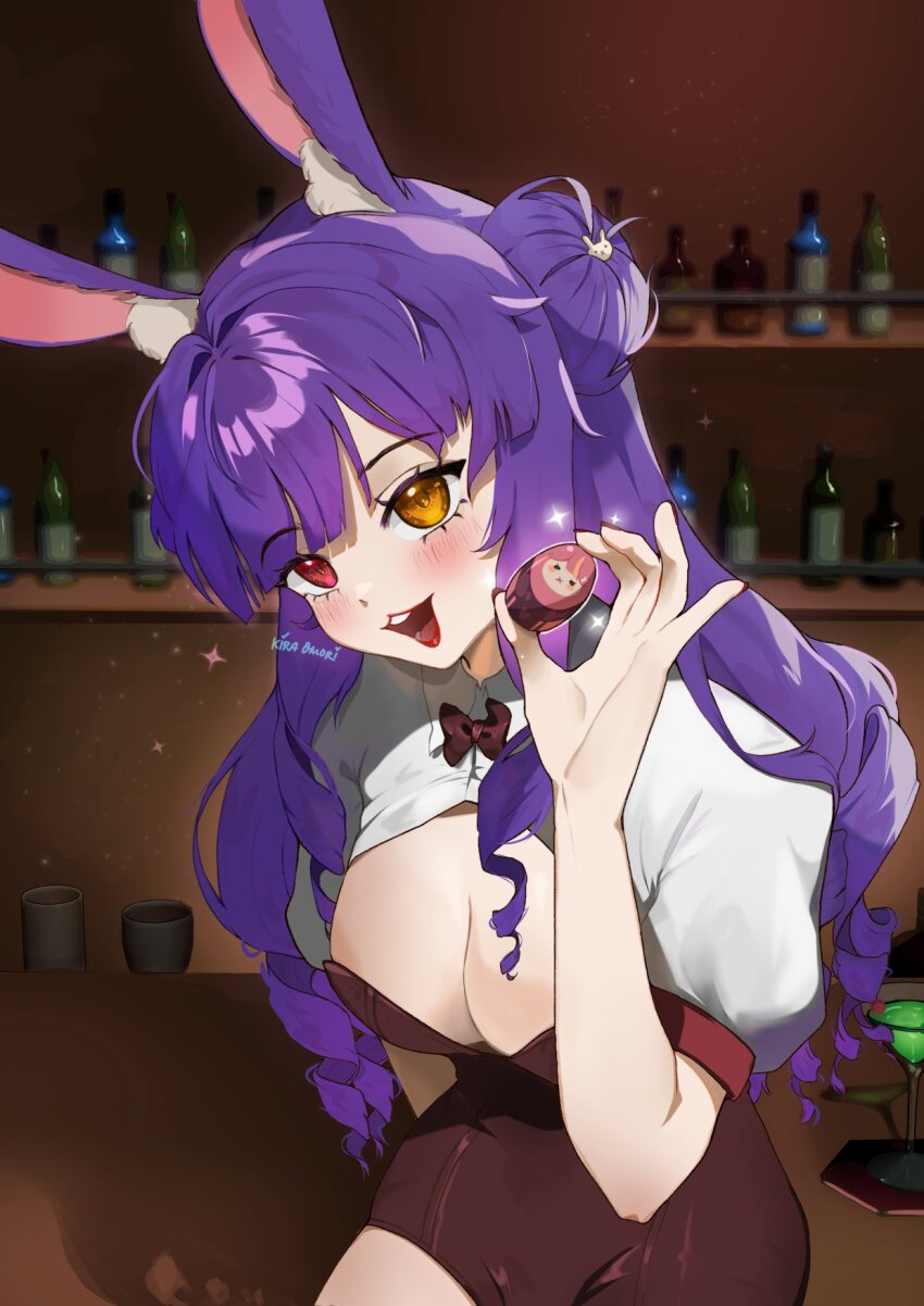 1girl, alternate_costume, animal_ear_fluff, animal_ears, bar_(place), barmaid, bartender, blush, bottle, bow, bowtie, breasts, cleavage, cleavage_cutout, clothing_cutout, cup, easter_egg, egg, green_liquid, heterochromia, highres, indie_virtual_youtuber, kira_omori, lipstick, long_hair, looking_at_viewer, maddie_(vtuber), makeup, medium_breasts, orange_eyes, purple_hair, rabbit_ears, rabbit_girl, red_eyes, ringlets, sitting, smile