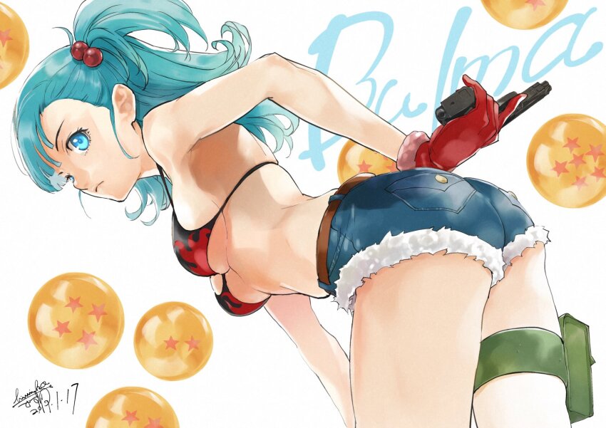 1girl, ass, bikini, bikini_top_only, blue_eyes, blue_hair, breasts, bulma, closed_mouth, dated, denim, denim_shorts, dragon_ball, dragon_ball_(classic), dragon_ball_(object), flame_print, gloves, gun, hair_bobbles, hair_ornament, handgun, highres, himiko_(326ontheweb), holding, holding_gun, holding_weapon, long_hair, looking_at_viewer, shorts, solo, swimsuit, thigh_strap, weapon, white_background