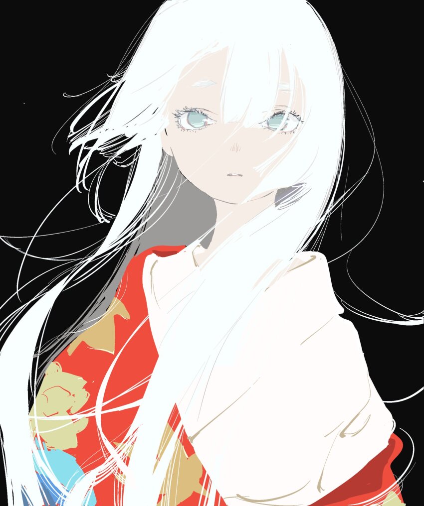 1girl, arms_at_sides, biwa_(heike_monogatari), black_background, blue_eyes, commentary, english_commentary, expressionless