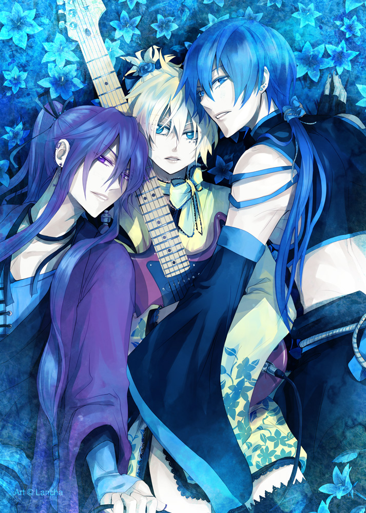3boys, blonde_hair, blue_eyes, blue_hair, flower, guitar, instrument, kagamine_len