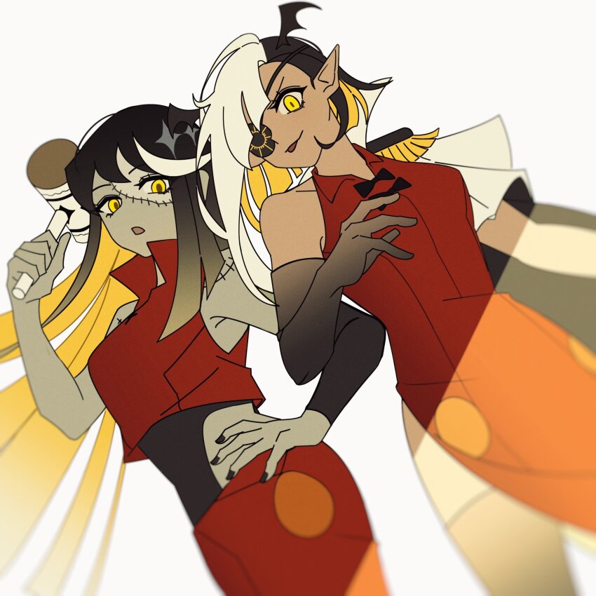 2girls, ado_(utaite), black_gloves, black_hair, black_nails, commentary, dress, elbow_gloves