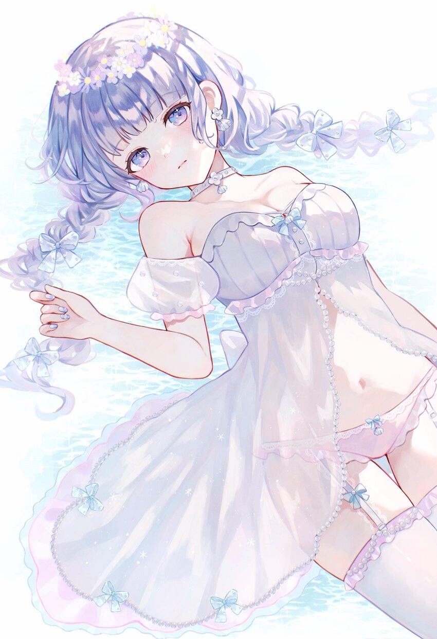 1girl, babydoll, blunt_bangs, blush, breasts, choker, cleavage, closed_mouth, commentary, cowboy_shot, earrings, english_commentary, garter_straps, highres, ilis_0226, jewelry, long_hair, looking_at_viewer, lying, medium_breasts, nail_polish, navel, on_back, original, panties, pink_panties, purple_babydoll, purple_choker, purple_eyes, purple_hair, purple_nails, purple_thighhighs, solo, thighhighs, underwear