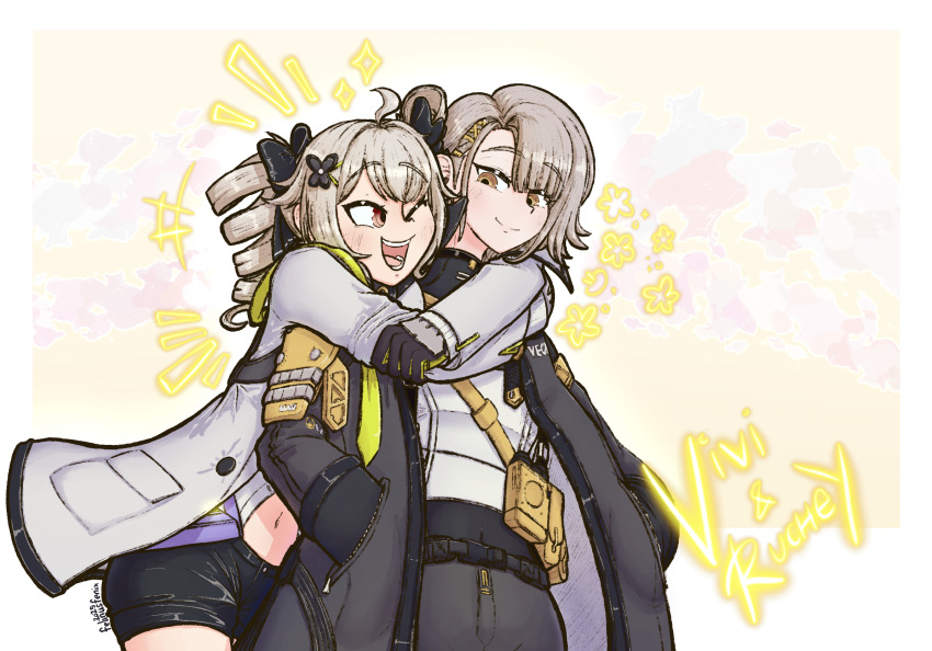 2girls, ahoge, black_bow, black_jacket, black_pants, black_shorts, blush, bow