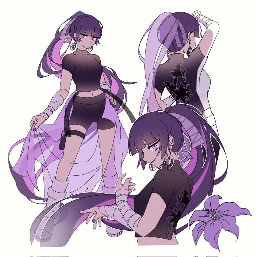 1girl, bandaged_arm, bandages, black_shirt, black_shorts, boots, breasts, cloud_nine_inc