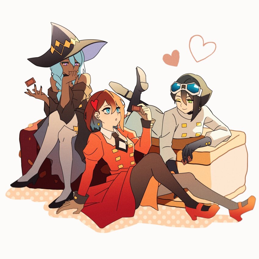 3girls, ado_(utaite), black_boots, black_dress, black_gloves, black_hair, black_hat, black_nails