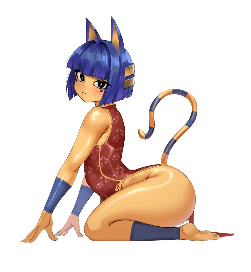 1girl, absurdres, animal_crossing, animal_ears, ankha_(animal_crossing), ass, barefoot, black_eyes