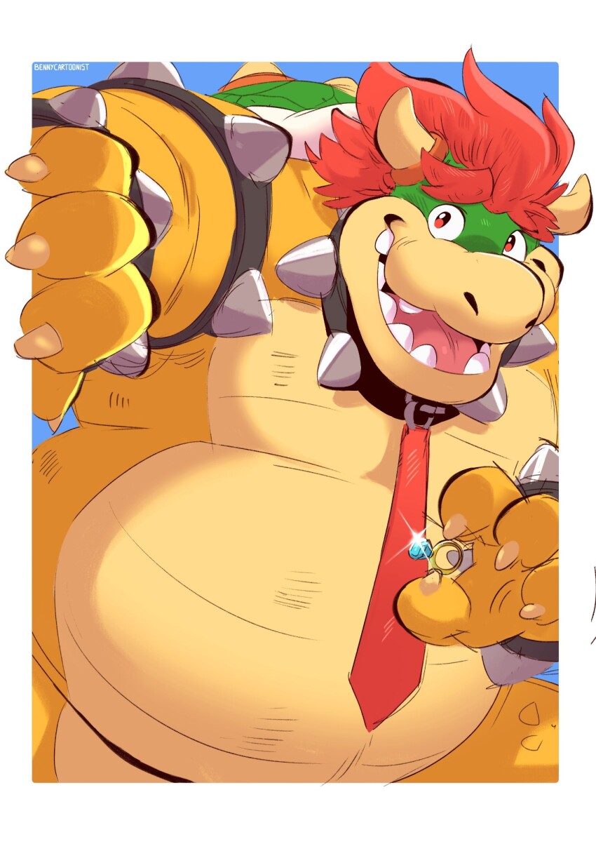 1boy, armlet, bara, bennycartoonist, blue_background, border, bowser, bracelet, claws, collar, commentary, diffraction_spikes, english_commentary, furrowed_brow, furry, furry_male, highres, holding, holding_jewelry, holding_ring, horns, jewelry, looking_at_viewer, male_focus, mario_(series), necktie, nintendo, open_mouth, red_hair, red_necktie, ring, smile, spiked_armlet, spiked_bracelet, spiked_collar, spikes, wedding_ring, white_border