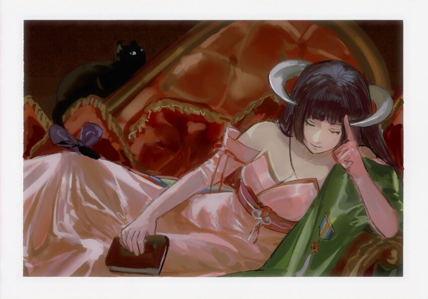 1girl, ashashio, black_cat, black_hair, blunt_bangs, book, border, cat