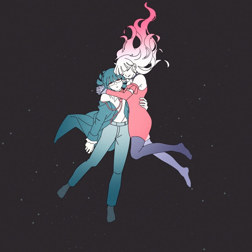 2girls, ado_(utaite), black_choker, black_pantyhose, blue_coat, blue_hair, choker, closed_eyes