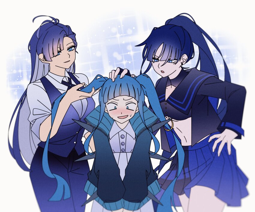 3girls, ado_(utaite), ahoge, animal_ears, black_pants, black_ribbon, black_shirt, black_skirt