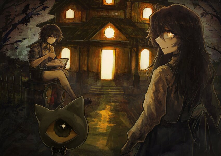 1930s_fashion, 1boy, 1girl, black_hair, black_shoes, black_skirt, book, bow, bowtie, brother_and_sister, fence, gaspar_(grimmivt), grimmi_(vtuber), highres, house, indie_virtual_youtuber, long_hair, looking_at_viewer, looking_back, mansion, night, outdoors, pale_skin, reading, reiju_n1337, reiju_niboshi, shirt, shoes, short_hair, shorts, siblings, sitting, sitting_on_object, skelter_(grimmivt), skirt, smile, socks, suspender_skirt, suspenders, tree, white_shirt, yellow_eyes