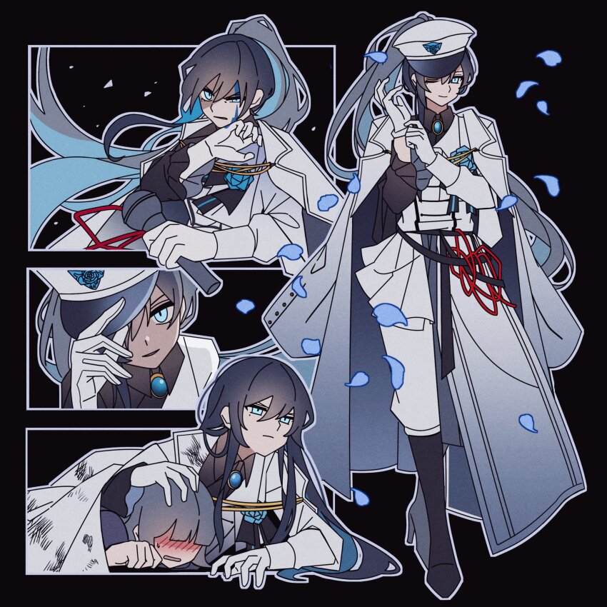 2girls, ado_(utaite), black_background, black_boots, black_shirt, blue_eyes, blue_hair, blue_outline