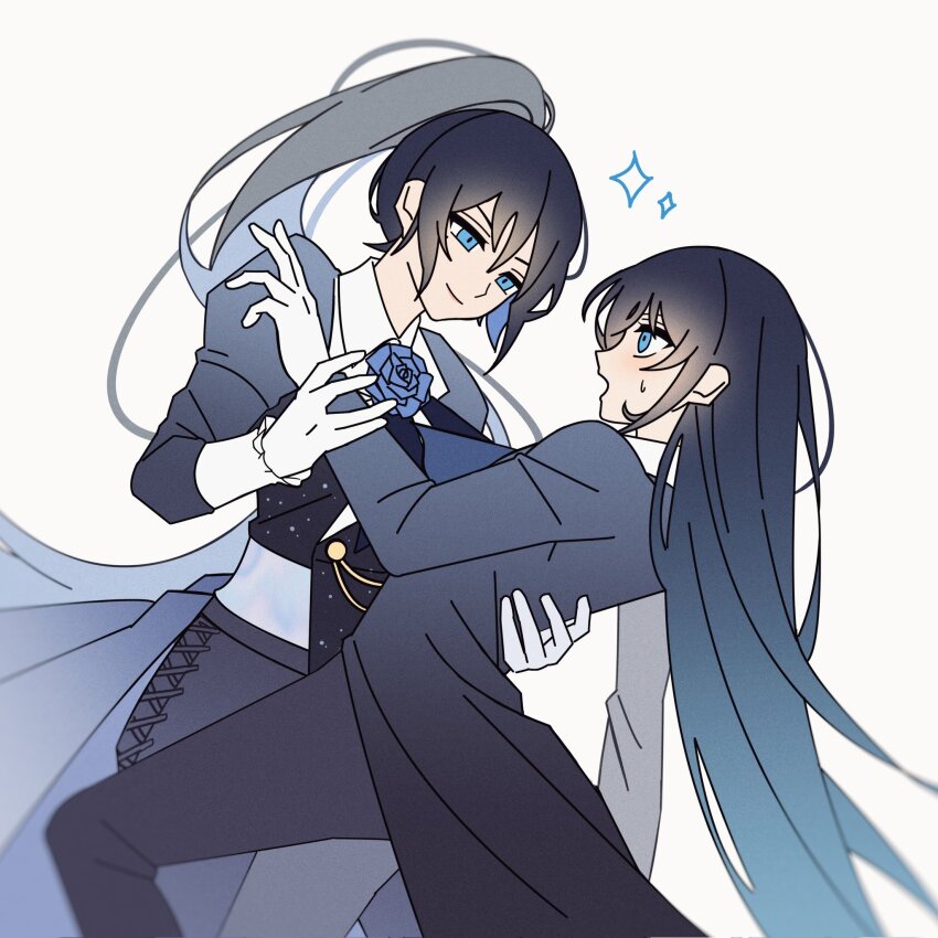 2girls, ado_(utaite), black_coat, black_hair, black_pants, blue_eyes, blue_flower, blue_rose