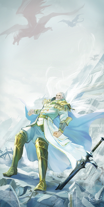 1boy, armor, cape, clenched_hand, coat, commentary_request, demon's_souls, dragon