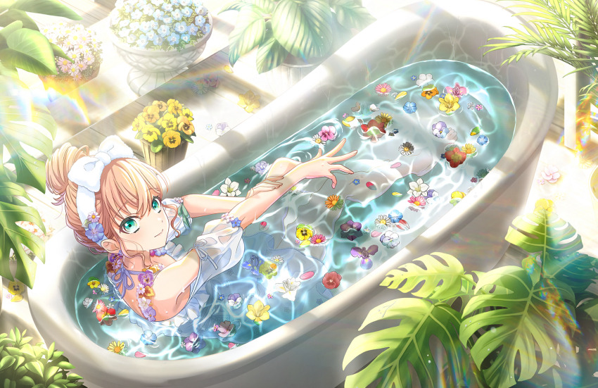 1girl, aqua_eyes, bare_shoulders, barefoot, bathing, bathtub, bow_hairband, closed_mouth