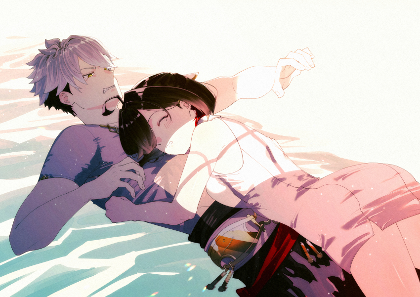 1boy, 1girl, absurdres, ahoge, atelier_(series), atelier_yumia, black_hair, closed_eyes, commentary_request, dress, grey_hair, hetero, highres, lying, medium_hair, mole, mole_under_eye, multicolored_hair, on_back, on_bed, pencil_dress, red_hair, rgbjt, rutger_arendt, sharp_teeth, shirt, short_hair, sleeping, sleeping_on_person, streaked_hair, t-shirt, teeth, two-tone_hair, undercut, v-shaped_eyebrows, yellow_eyes, yumia_liessfeldt