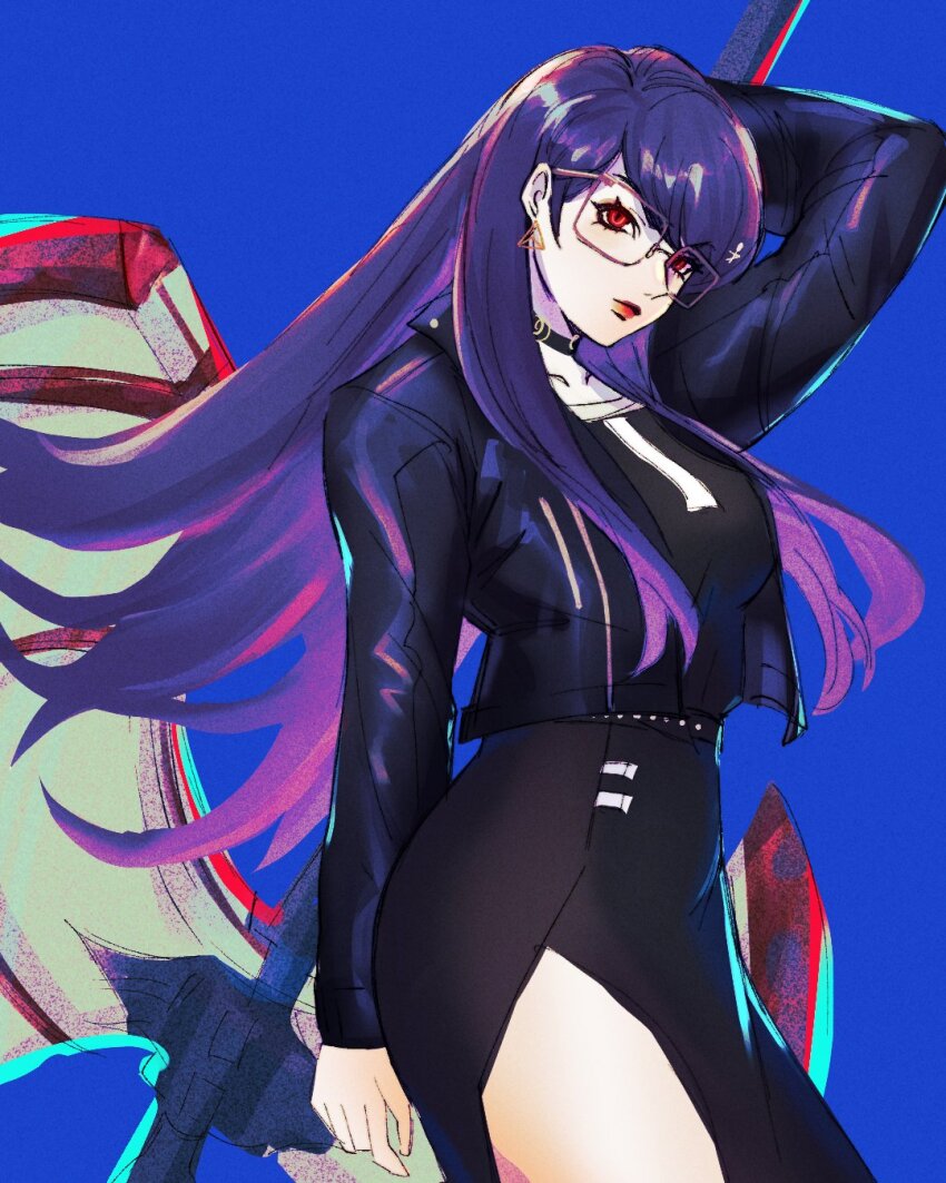 1girl, axe, battle_axe, black_jacket, blue_background, closed_mouth, earrings, glasses, highres, holding, holding_axe, huge_weapon, jacket, jewelry, long_hair, parted_bangs, purple_hair, red_eyes, red_lips, shizuhara_hiruko, simple_background, solo, standing, the_hundred_line_-last_defense_academy-, vaccariia, weapon