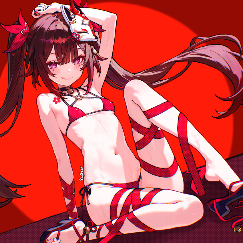 1girl, :q, arm_up, bell, bikini, breasts, brown_hair, butterfly-shaped_pupils, circle_facial_mark, facial_mark, flower_tattoo, fox_mask, highres, honkai:_star_rail, honkai_(series), loli, looking_at_viewer, mark_under_both_eyes, mask, mask_on_head, navel, neck_bell, o-ring, o-ring_bikini, rafi_(rafitea), red_bikini, red_nails, red_ribbon, ribbon, sandals, skindentation, small_breasts, solo, sparkle_(honkai:_star_rail), stomach, string_bikini, swimsuit, symbol-shaped_pupils, tattoo, thighs, toes, tongue, tongue_out, twintails, wet