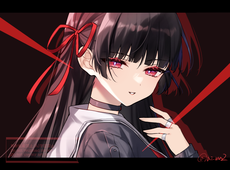 1girl, akasaki_aimu, artist_name, black_choker, black_hair, black_shirt, chisa_(wuthering_waves), choker