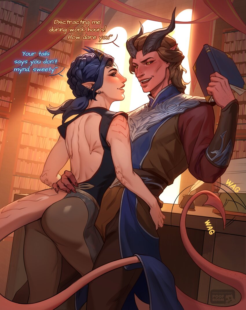 1boy, 1girl, absurdres, armor, artistic_error, ass, back_cutout, baldur's_gate, baldur's_gate_3, black_hair, black_shirt, book, brown_hair, character_request, clothing_cutout, colored_skin, commission, couple, demon_boy, demon_girl, demon_horns, demon_tail, dungeons_&amp;_dragons, english_text, hand_on_another's_back, hetero, highres, holding, holding_book, horns, leg_between_thighs, medium_hair, poofroom_fanart, red_skin, shirt, shoulder_armor, tail, tav_(baldur's_gate), tiefling