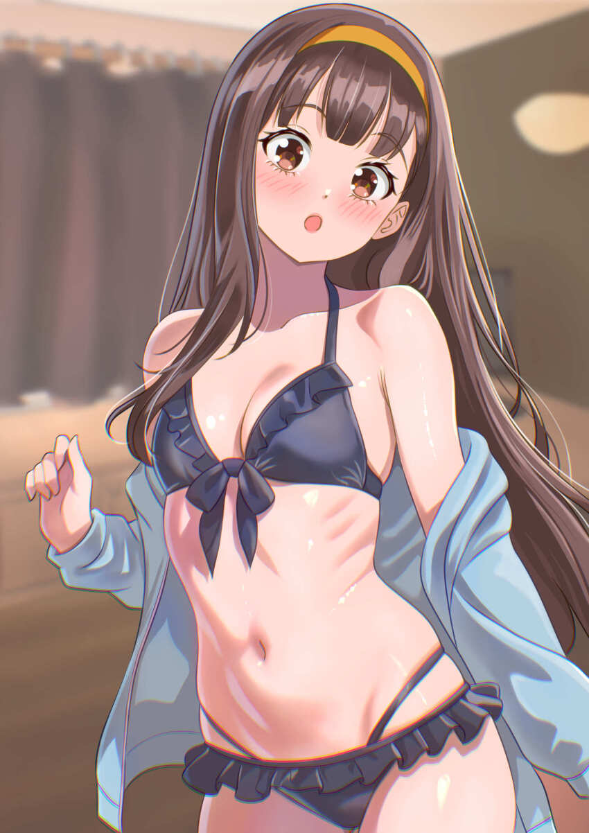 1girl, bare_shoulders, bikini, black_bikini, black_hair, blue_jacket, blurry, blurry_background, breasts, brown_eyes, commentary_request, front-tie_bikini_top, front-tie_top, hairband, highres, indoors, jacket, kousan, long_hair, looking_at_viewer, make_heroine_ga_oo_sugiru!, navel, nukumizu_kaju, off_shoulder, open_clothes, open_jacket, open_mouth, small_breasts, solo, swimsuit
