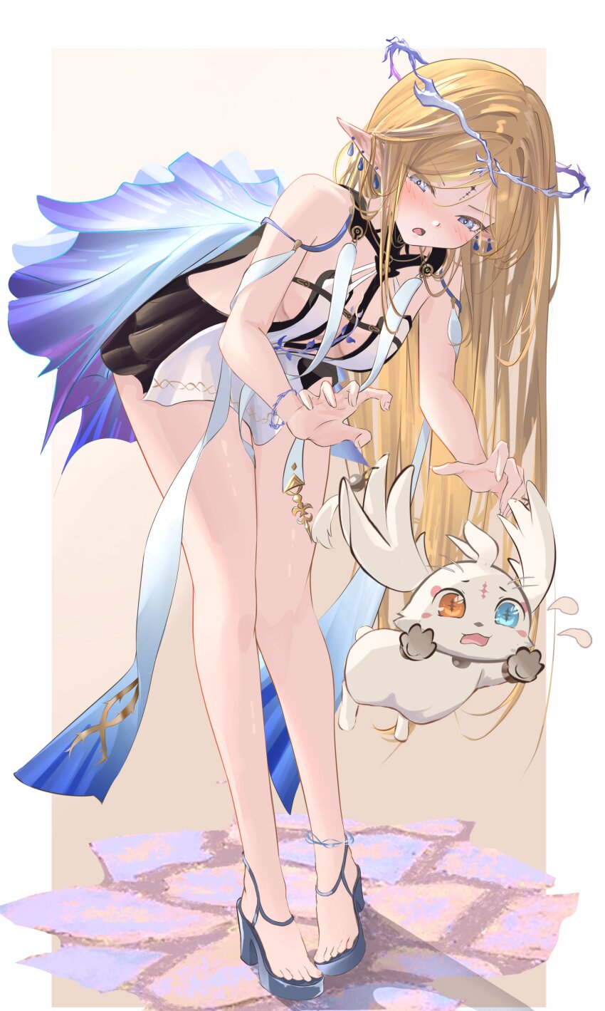 1girl, abby_(wuthering_waves), absurdres, black_dress, black_sandals, blonde_hair, blue_eyes, blush, bracelet, breasts, cartethyia_(wuthering_waves), commentary, crown, dress, earrings, english_commentary, floating_crown, full_body, heterochromia, high_heel_sandals, high_heels, highres, jewelry, kyy_zeru, long_hair, looking_down, open_mouth, orange_eyes, parted_bangs, ponytail, sandals, short_dress, small_breasts, solo, tabard, tacet_mark_(wuthering_waves), toes, white_tabard, wuthering_waves