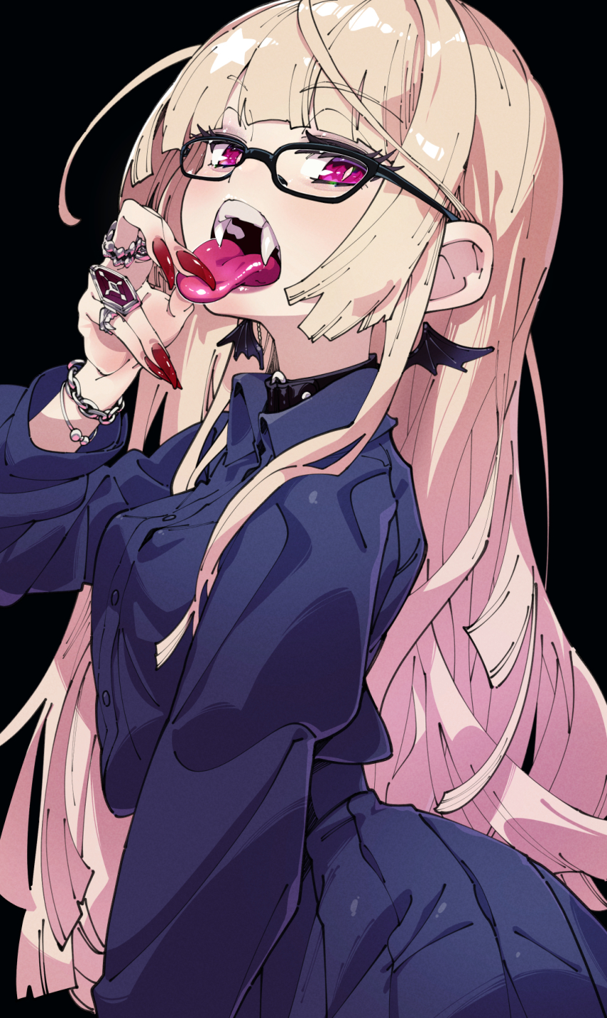 1girl, black_background, blonde_hair, breasts, chain, chain_bracelet, collared_shirt, commission