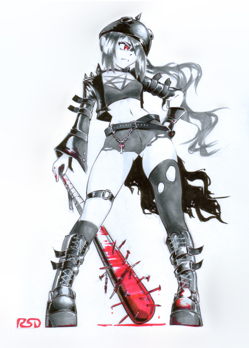 1girl, absurdres, baseball_bat, belly, black_boots, black_gloves, black_jacket, blood