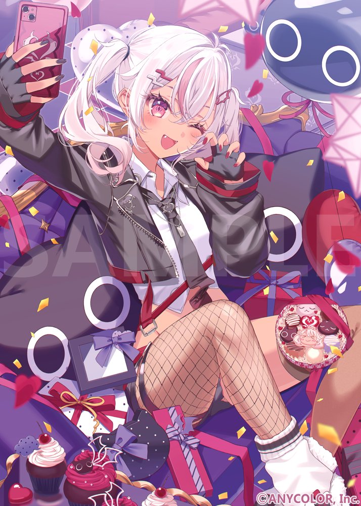 1girl, ;d, black_gloves, black_jacket, black_nails, black_necktie, blurry, blush