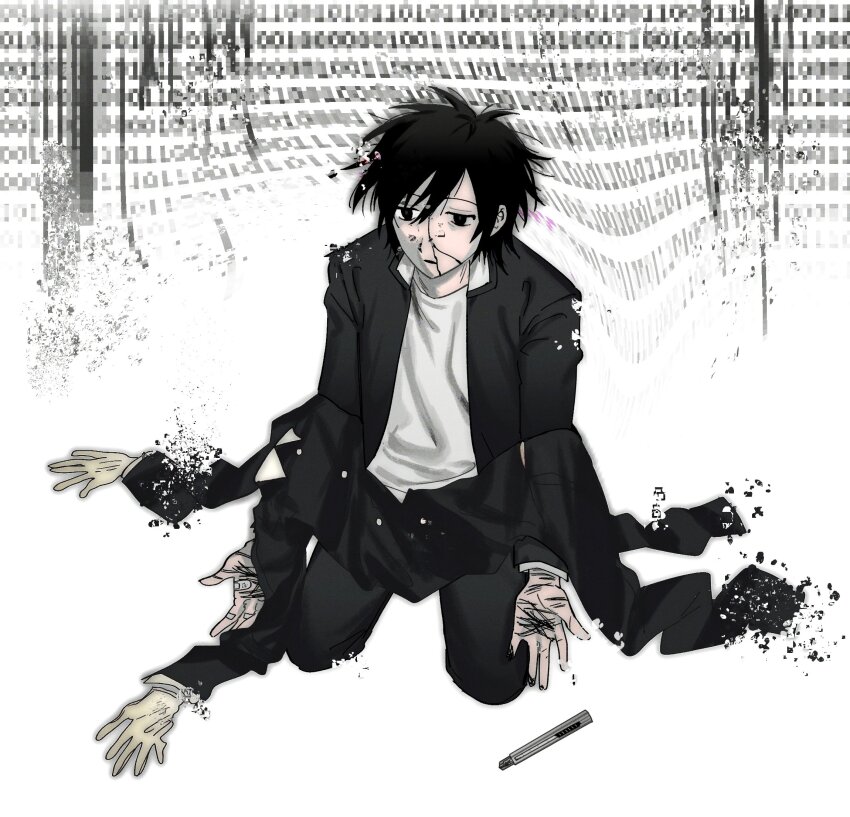 1boy, 97ttwwaazz, bandaid, bandaid_on_hand, binary, black_eyes, black_hair, boxcutter, cracked_skin, cuts, digital_dissolve, full_body, gakuran, highres, holding, holding_unworn_clothes, injury, jacket, kneeling, male_focus, open_clothes, open_jacket, randal's_friends, scar, school_uniform, self-harm_scar, shirt, short_hair, solo, tsukada_satoru, unworn_clothes, white_background, white_shirt
