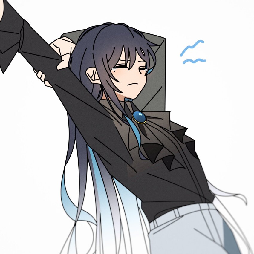 1girl, ado_(utaite), black_hair, black_shirt, blue_hair, brooch, chando_(ado), closed_mouth