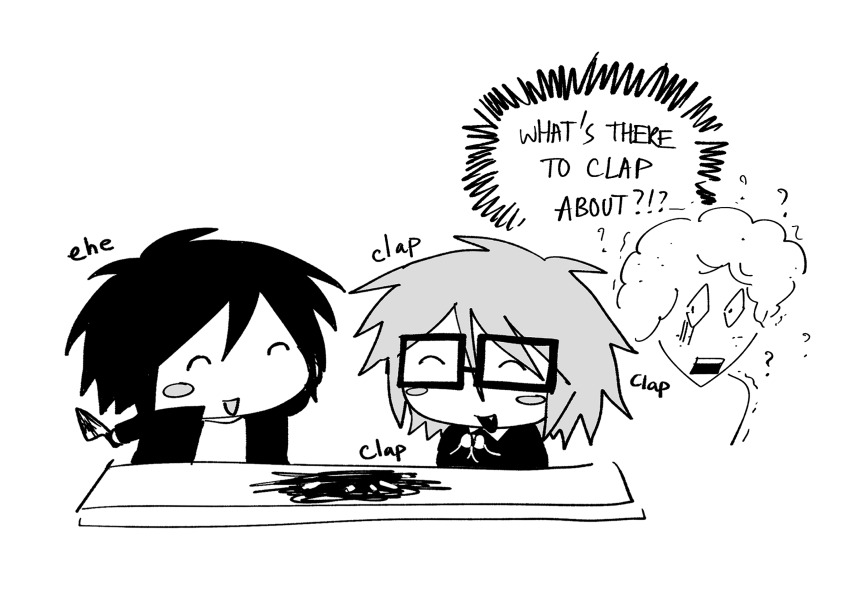 3boys, 97ttwwaazz, blood, bloody_knife, bloody_weapon, chibi, clapping, commentary