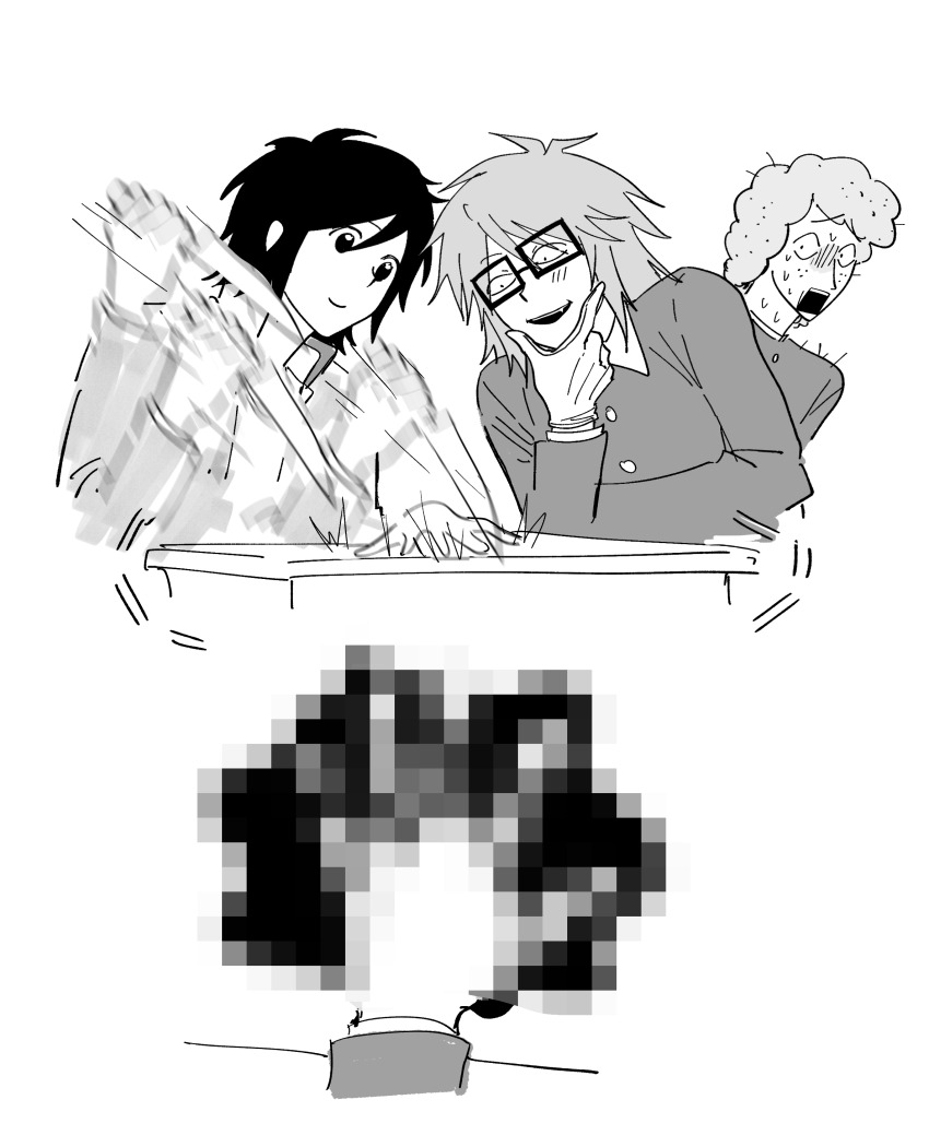 3boys, 97ttwwaazz, absurdres, bleeding, blood, censored, commentary, desk