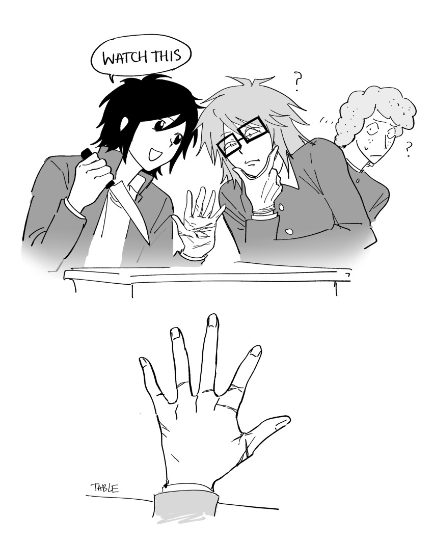 3boys, 97ttwwaazz, absurdres, commentary, desk, english_commentary, english_text, gakuran