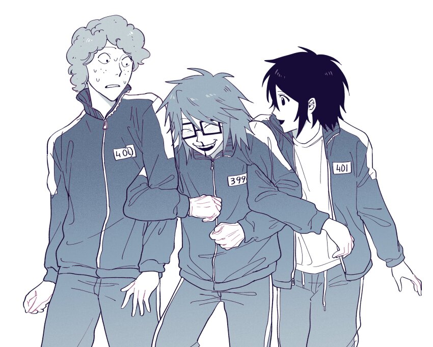 3boys, 97ttwwaazz, absurdres, blood, blue_theme, commentary, cowboy_shot, english_commentary