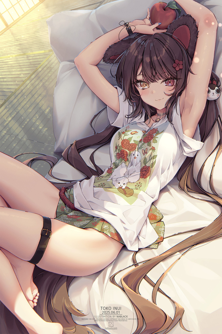 1girl, animal_ears, animal_print, apple, armpits, artist_name, banken_(inui_toko), barefoot