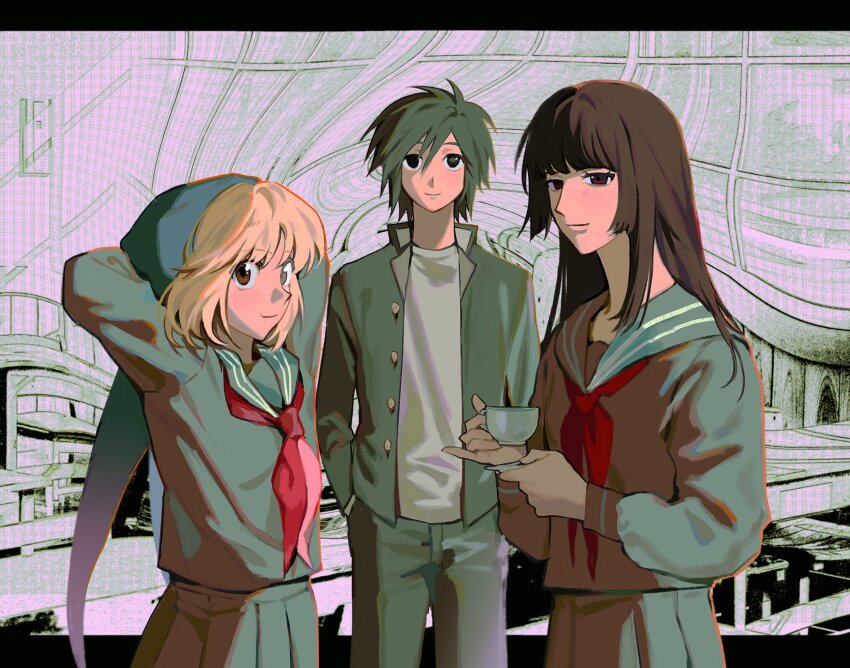 1boy, 2girls, 97ttwwaazz, absurdres, arms_behind_head, arthropod_girl, avalona, black_eyes