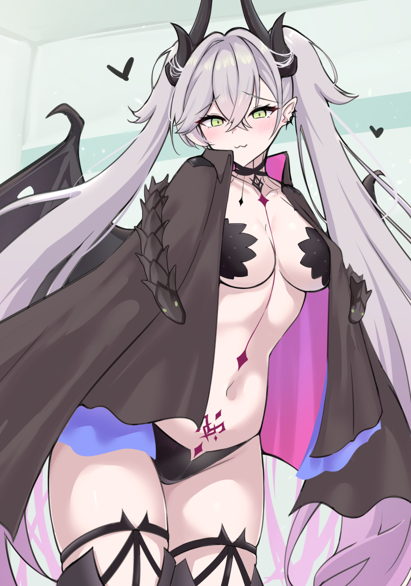 1girl, black_cloak, black_panties, black_thighhighs, blush, body_markings, breasts, choker