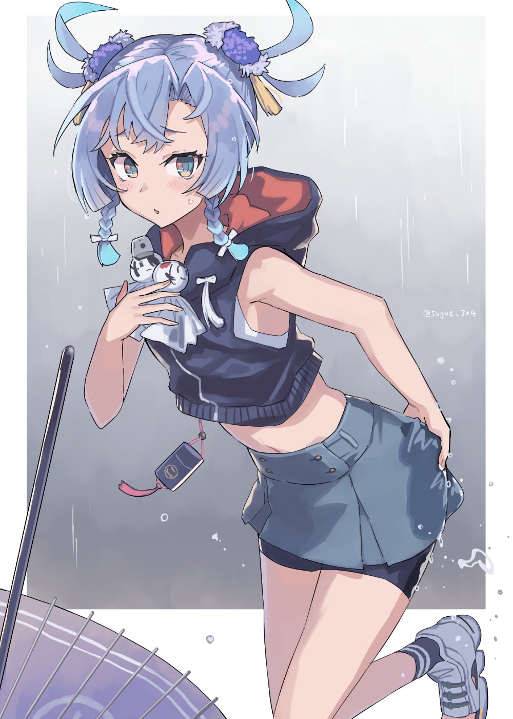 1girl, bike_shorts, bike_shorts_under_skirt, black_shirt, blue_eyes, blue_hair, blush, braid