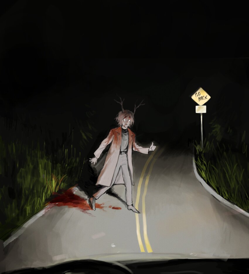 1boy, 97ttwwaazz, absurdres, antlers, blood, blood_on_clothes, blood_on_ground, brown_coat