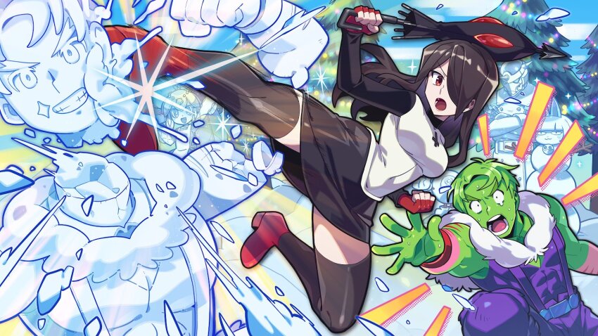 :o, beowulf_(skullgirls), black_hair, black_skirt, black_thighhighs, black_umbrella, breasts, chair