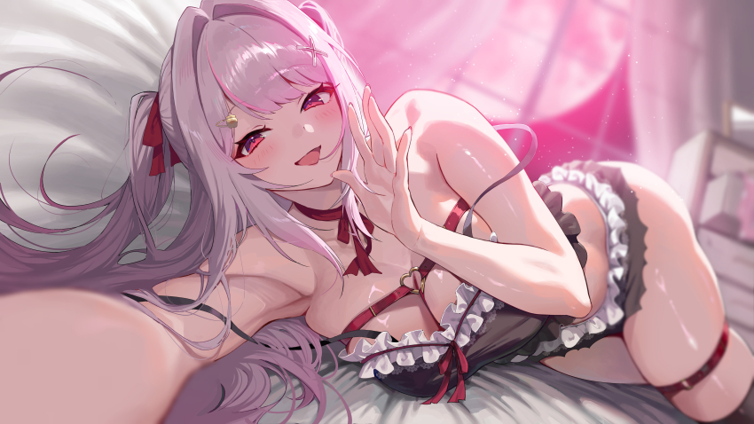 1girl, absurdres, bedroom, between_breasts, blurry, blurry_background, blush, breasts