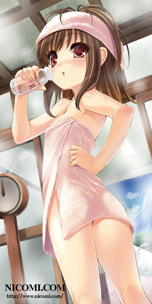 1girl, :o, blush, bottle, brown_hair, female_focus, legs, looking_back, nicomi.com, open_mouth, original, red_eyes, short_hair, solo, sorimura_youji, sweat, towel, wet