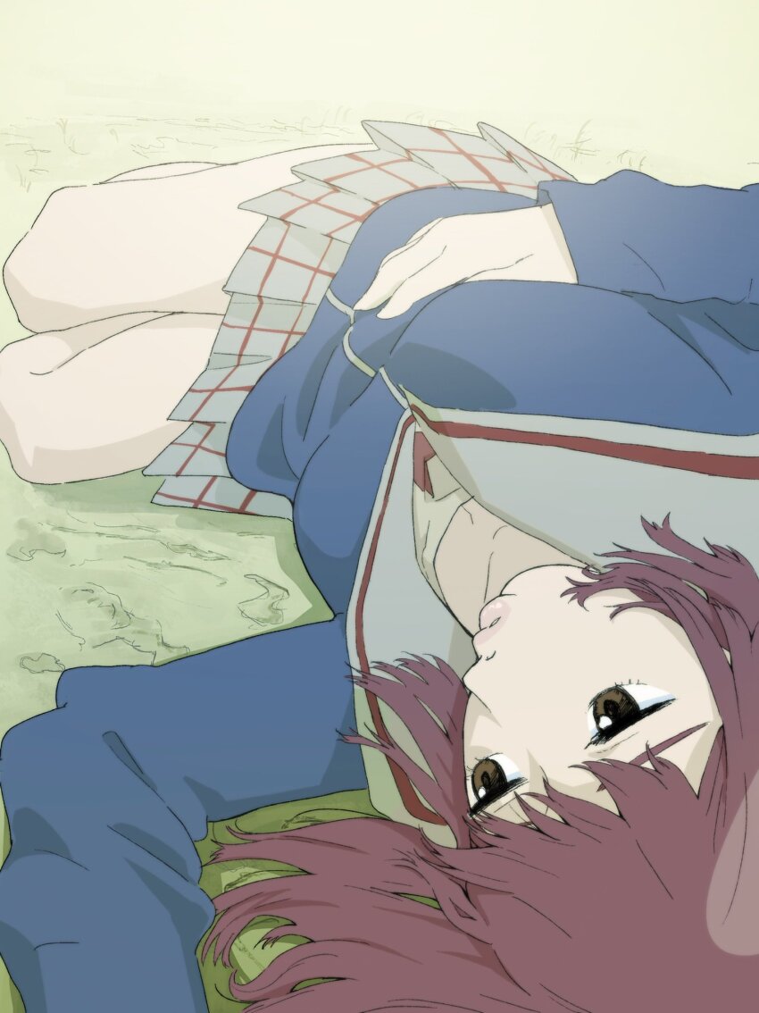 1girl, brown_eyes, flcl, grass, hands_on_own_stomach, highres, legs, lips